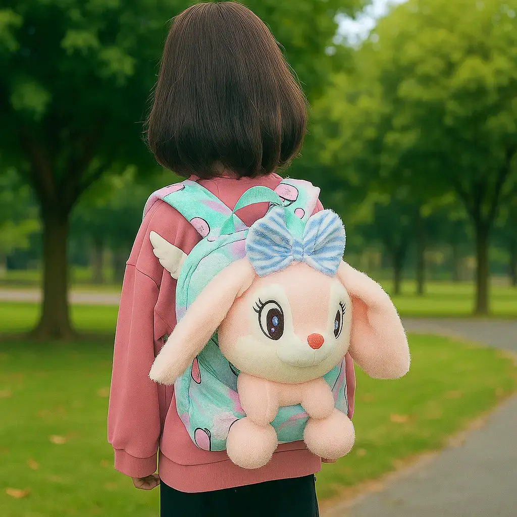 Girl wearing plush toddler backpack with bunny ears in park