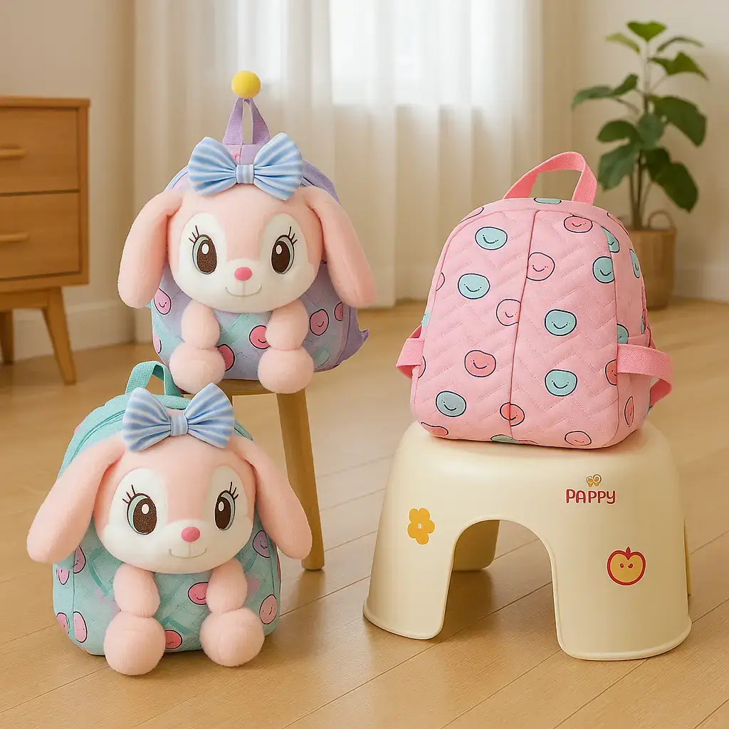 Plush unicorn toddler backpack displayed in cozy bedroom setting