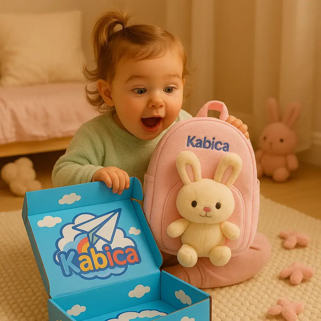 Toddler excitedly opening Kabica box with plush toddler backpack inside