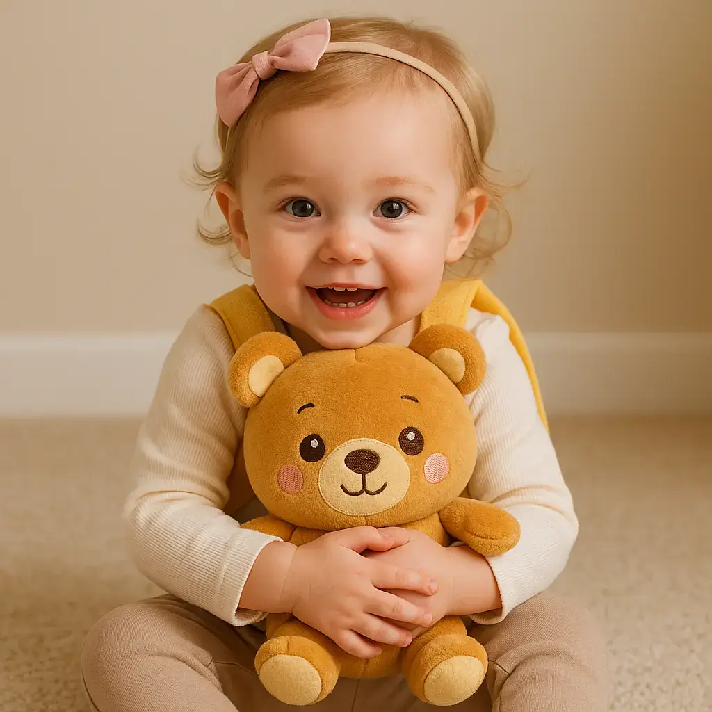 Toddler girl smiling with PlushPack Pal toddler backpack by Kabica – soft 2-in-1 plush toy and backpack for preschoolers