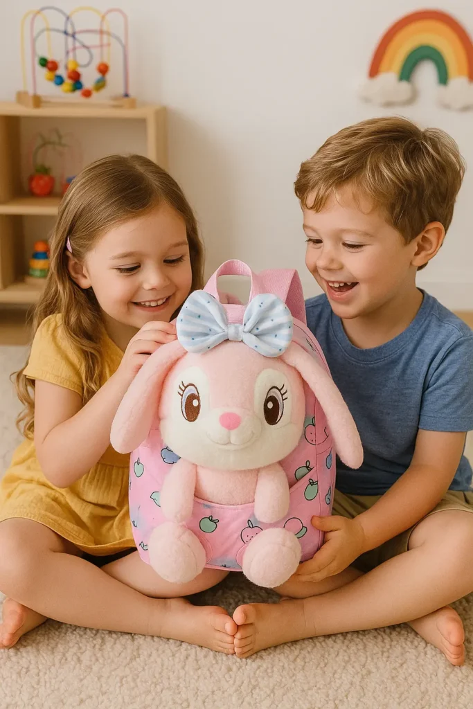 Toddler girl and boy smiling with PlushPack Pal bunny toddler backpack by Kabica – soft 2-in-1 plush toy and backpack for preschoolers