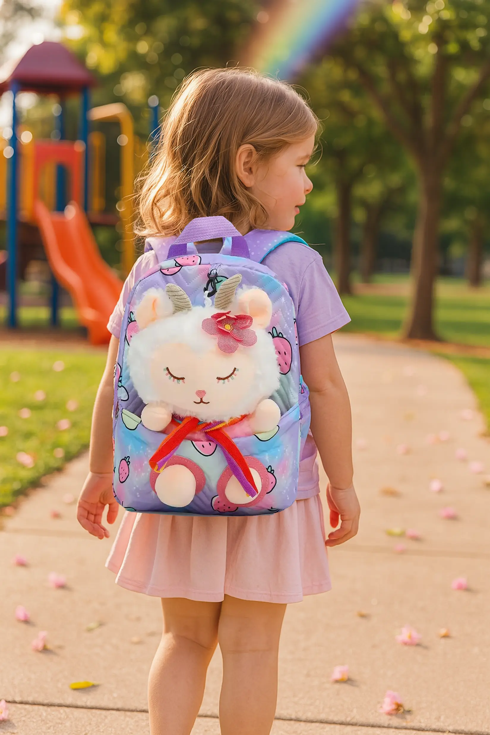 PlushPack Pal Lamb toddler backpack worn by girl